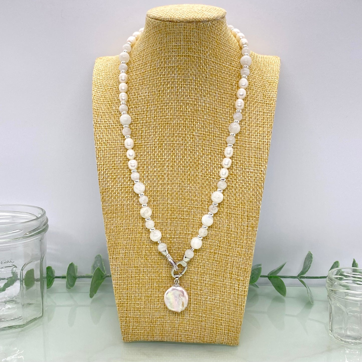 Rainbow Moonstone, Freshwater Pearl & Sterling Silver Necklace — Reversible with Detachable Charm