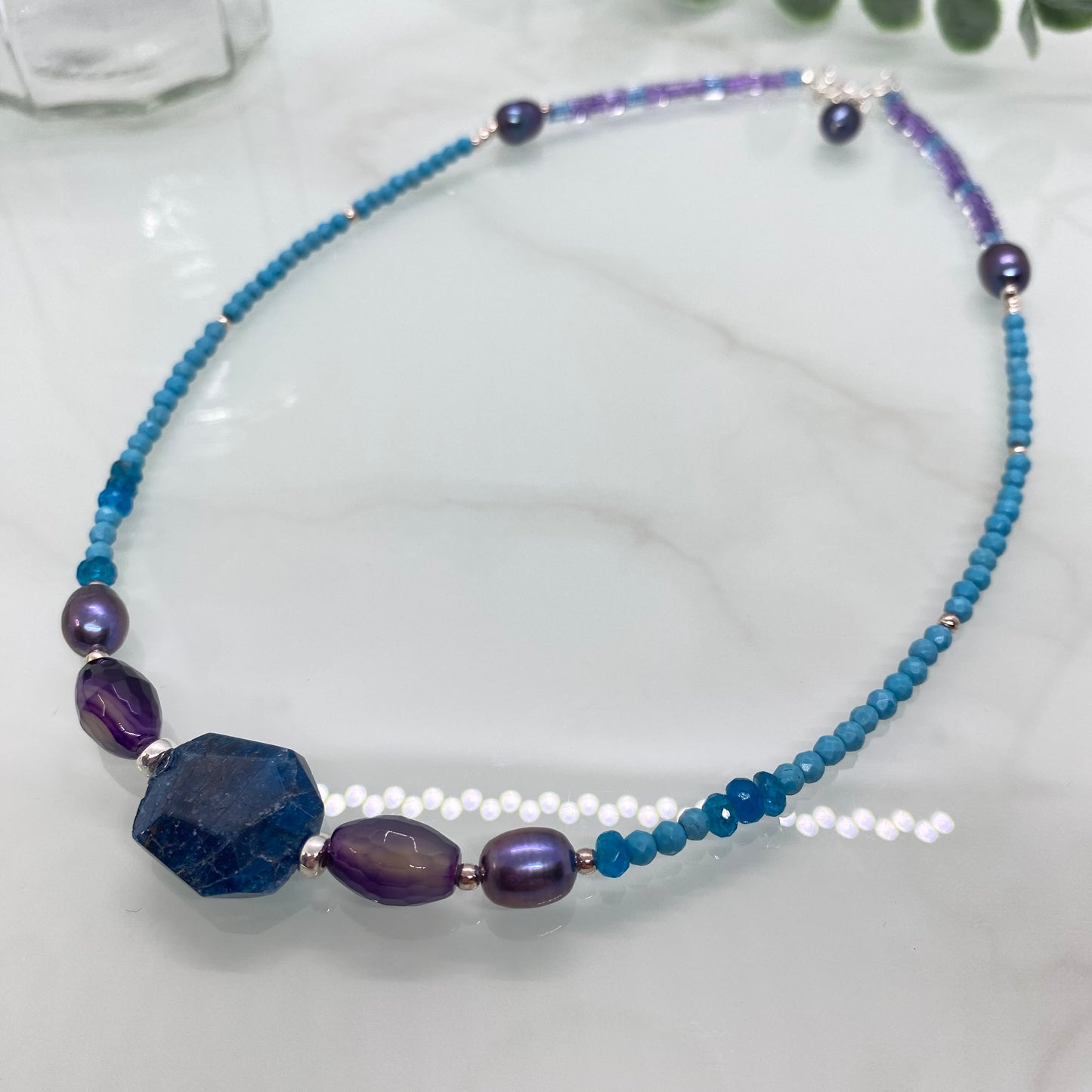 Apatite, Purple Agate, Peacock Pearl & Turquoise Necklace
