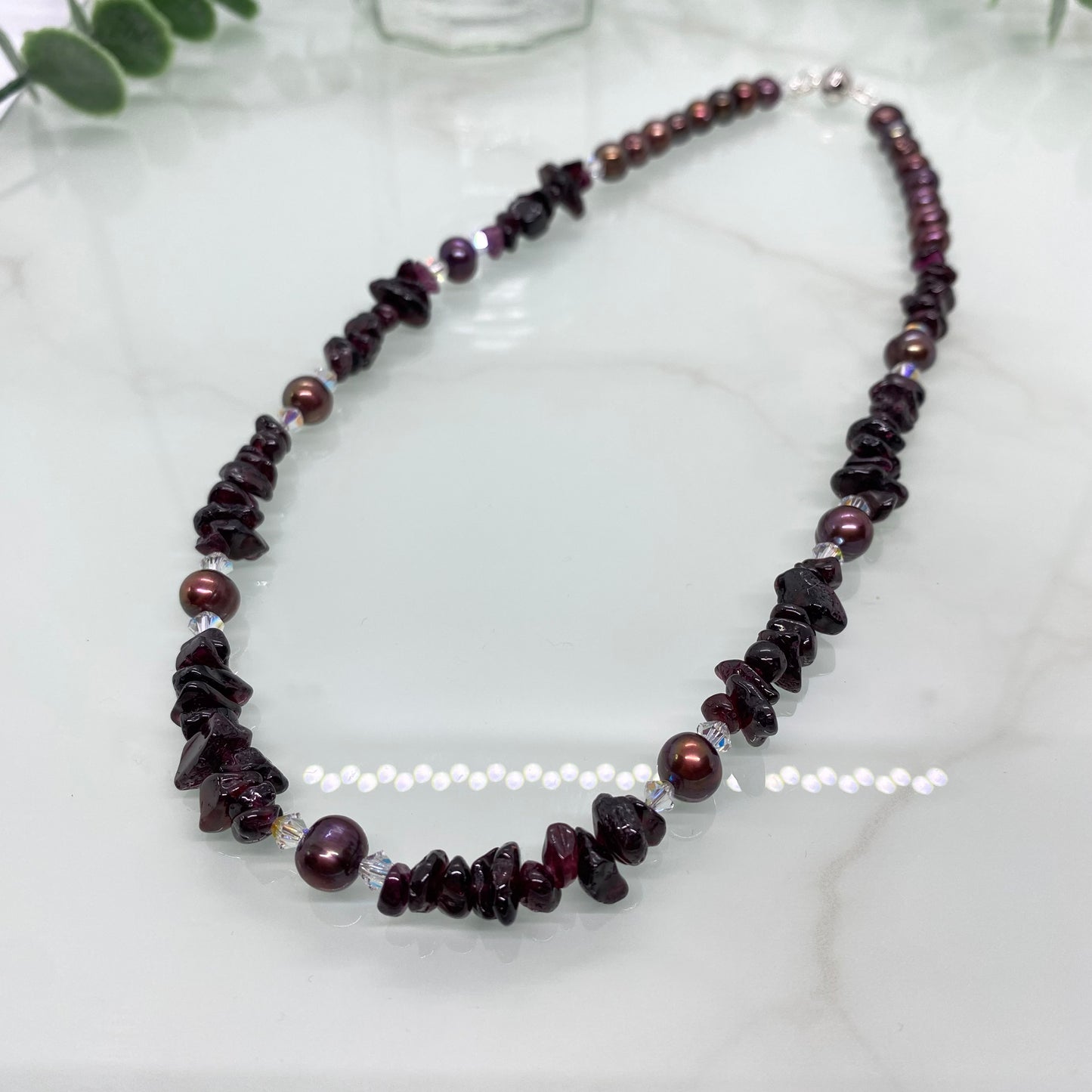 Garnet & Freshwater Pearl Necklace with Magnetic Clasp