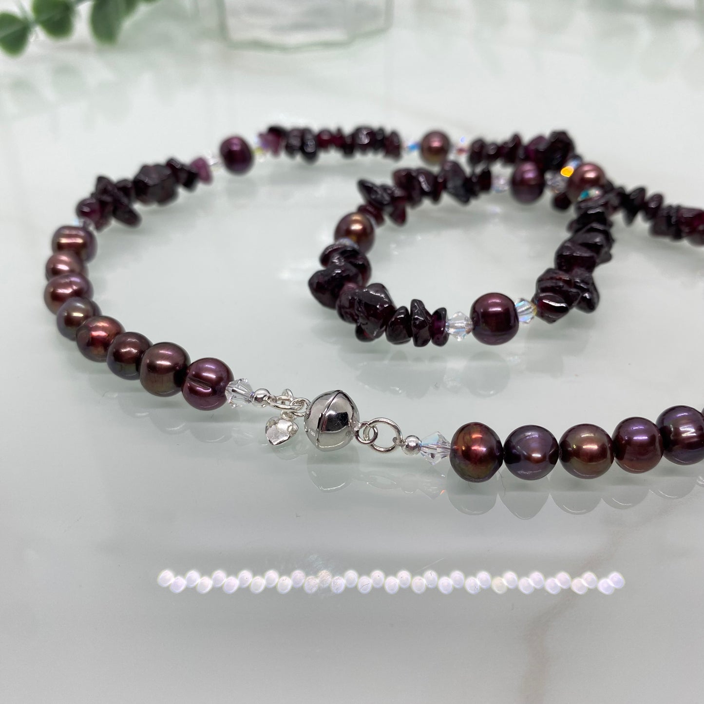 Garnet & Freshwater Pearl Necklace with Magnetic Clasp