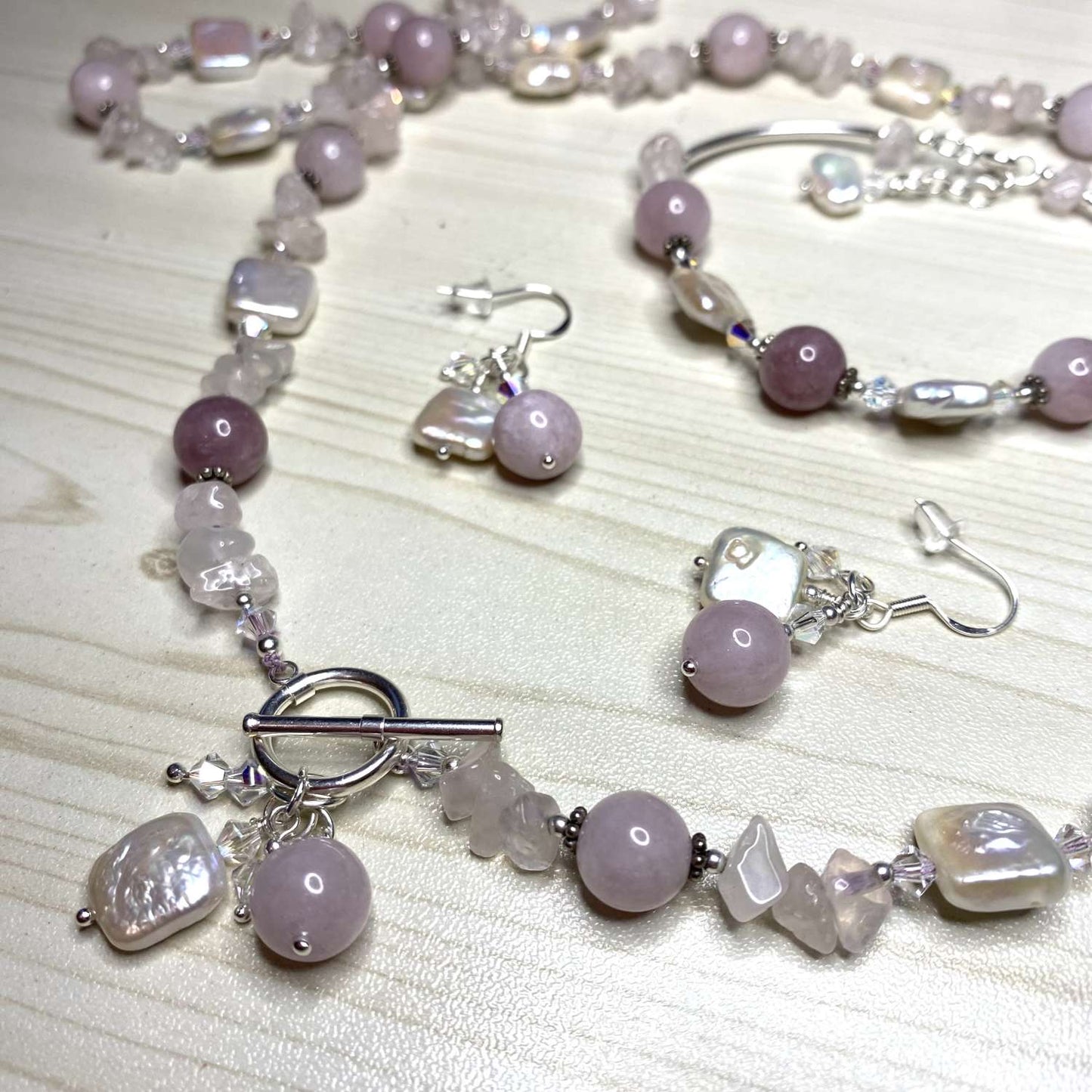Kunzite, Rose Quartz & Pearl Semi Precious Set