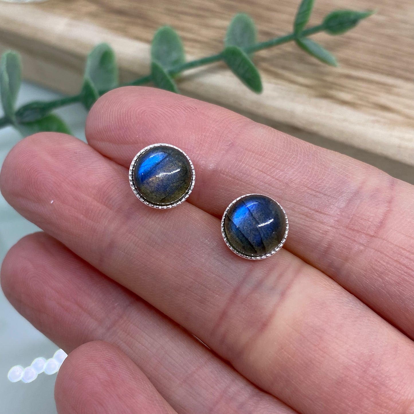 Labradorite Stud Earrings in Sterling Silver – Blue Flash Gemstone