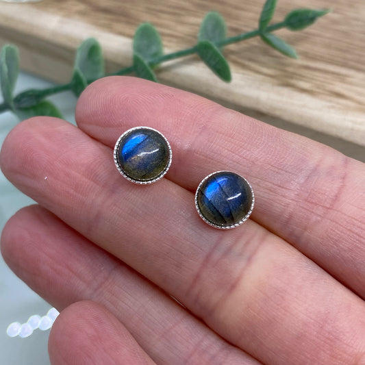 Labradorite Stud Earrings in Sterling Silver – Blue Flash Gemstone