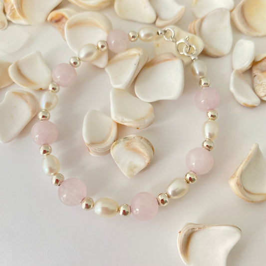 Rose Quartz, Freshwater Pearl & Sterling Silver Bracelet