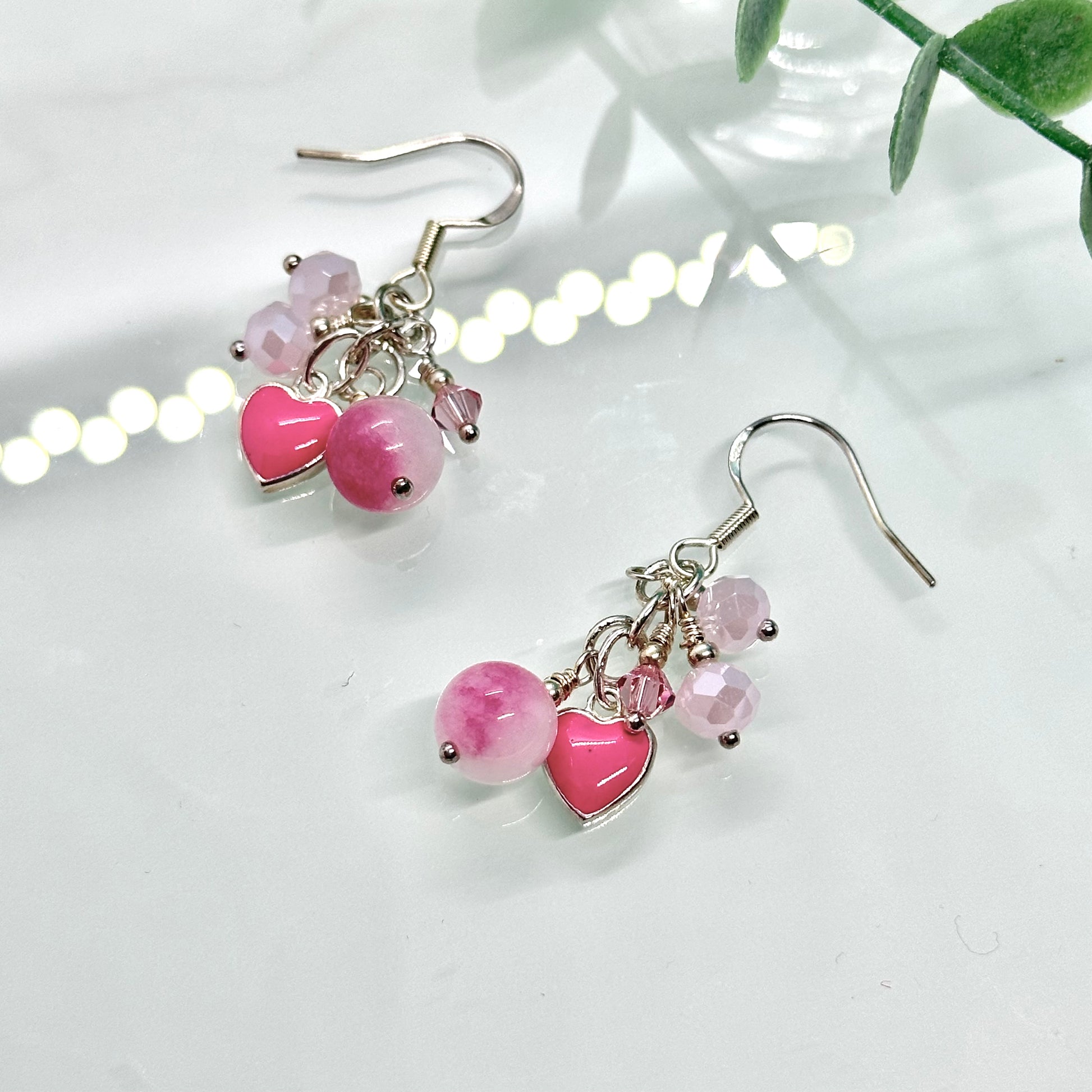 Persian Jade sterling silver cluster drop earrings with pink crystal beads and heart charm, Mother’s Day gift idea UK