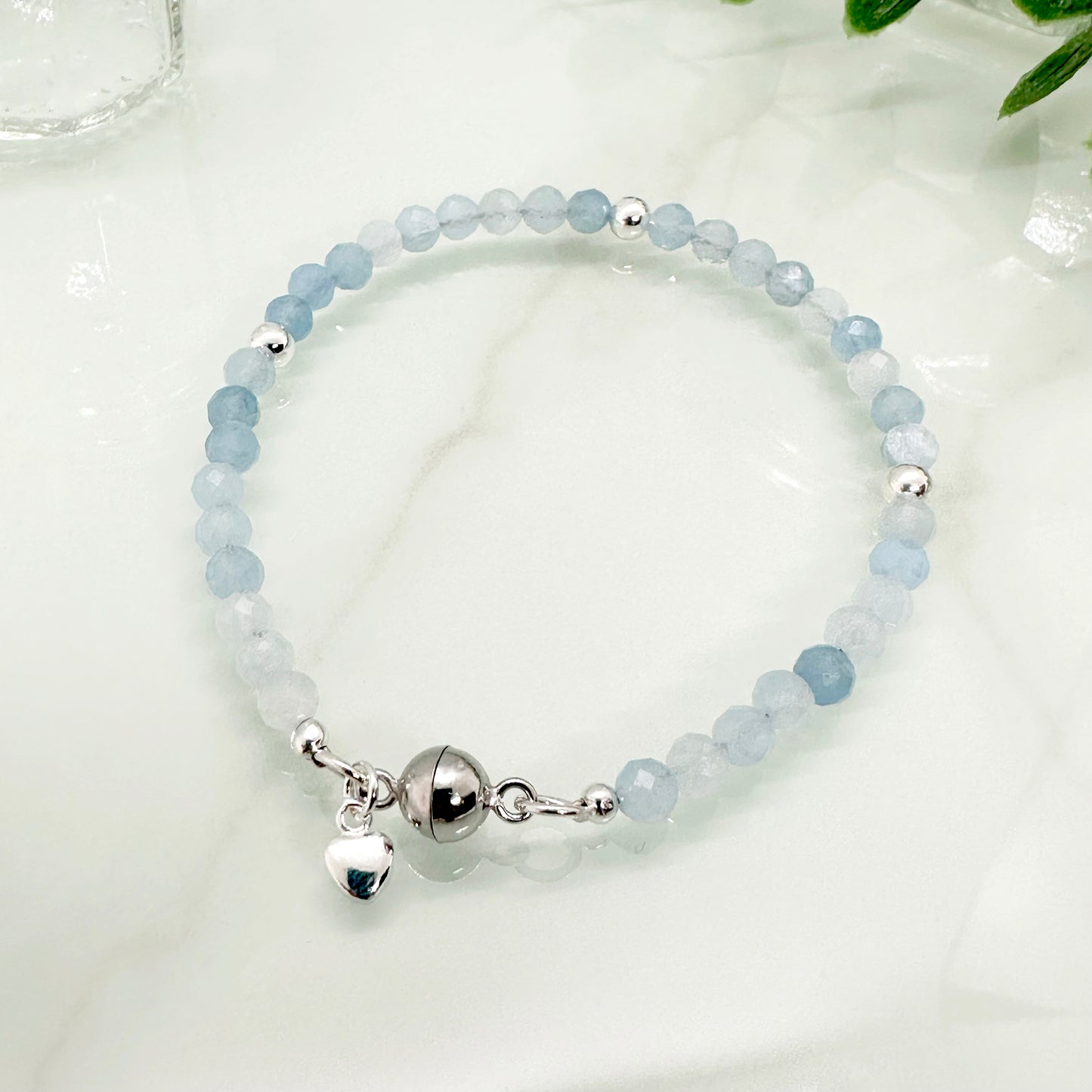 Aquamarine sterling silver bracelet with heart charm and magnetic clasp, March birthstone jewellery UK