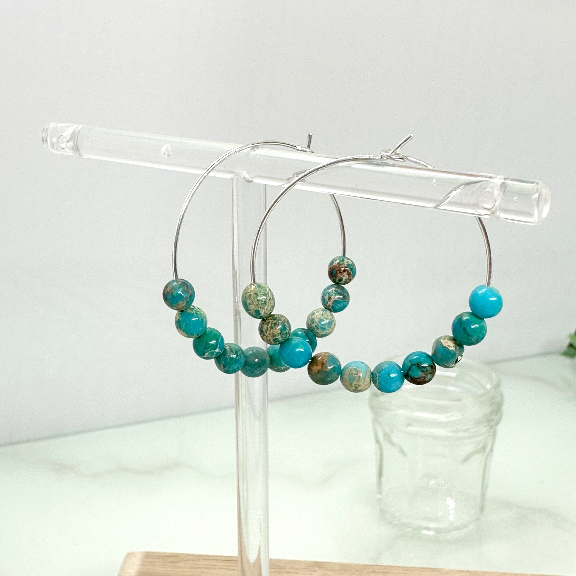 Sterling silver hoop earrings with blue sediment jasper round beads, handmade earthy statement jewellery