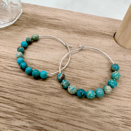 Sterling silver hoop earrings with blue sediment jasper round beads, handmade earthy statement jewellery