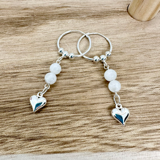 Sterling silver sleeper hoop earrings with moonstone beads and silver heart charm, handmade UK jewellery