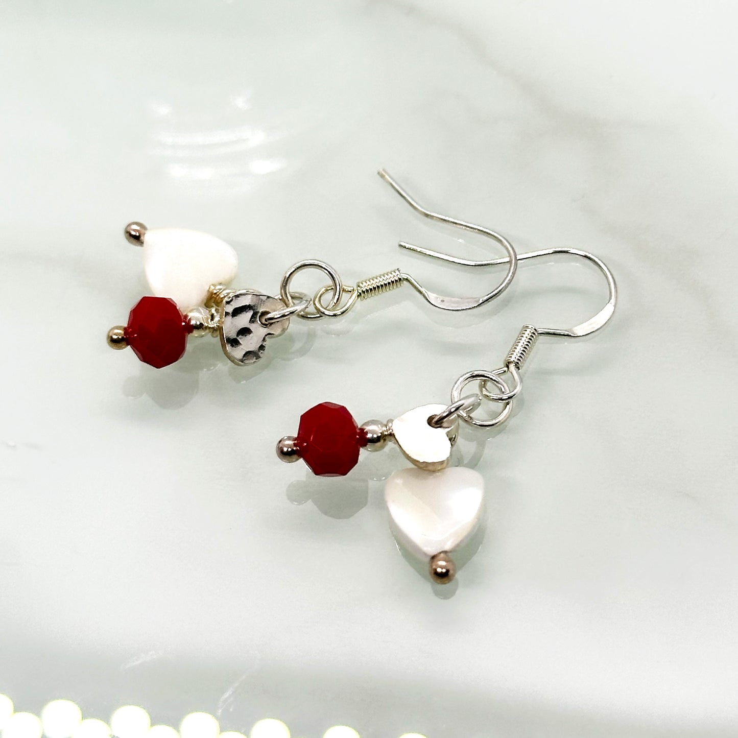 Mother of Pearl, Red Crystal & Sterling Silver Cluster Drop Earrings