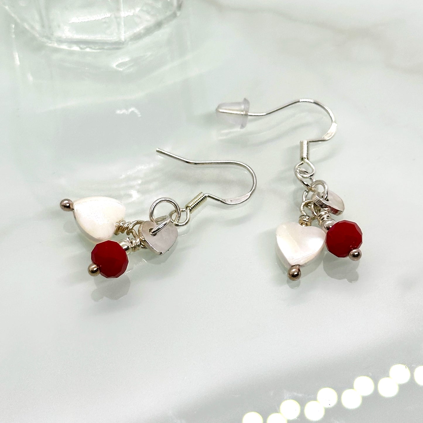 Mother of Pearl, Red Crystal & Sterling Silver Cluster Drop Earrings