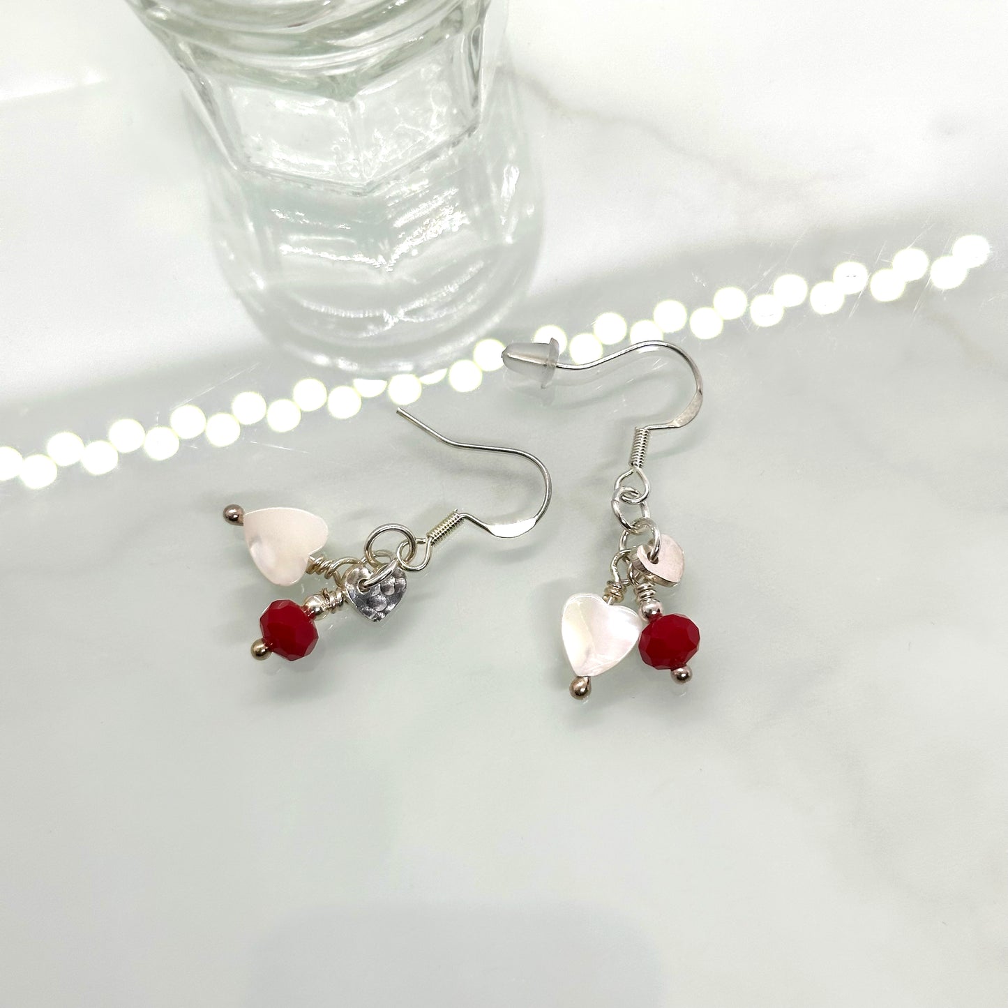 Mother of Pearl, Red Crystal & Sterling Silver Cluster Drop Earrings