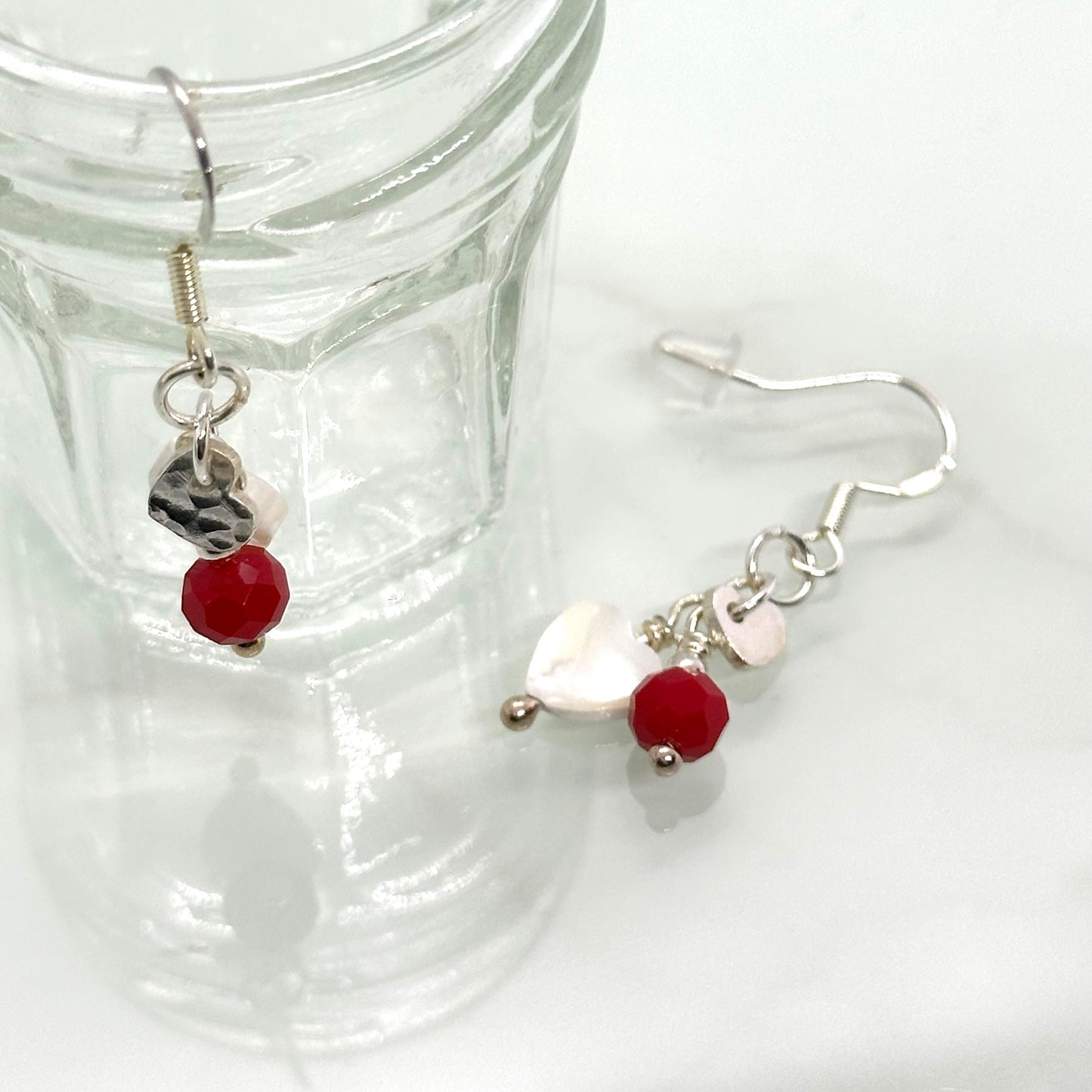 Mother of Pearl, Red Crystal & Sterling Silver Cluster Drop Earrings