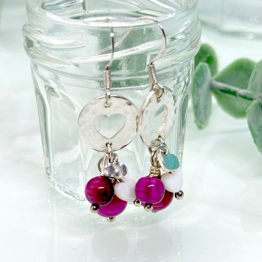 Pink Tiger’s Eye and Mother of Pearl cluster drop earrings in sterling silver with hammered heart detail