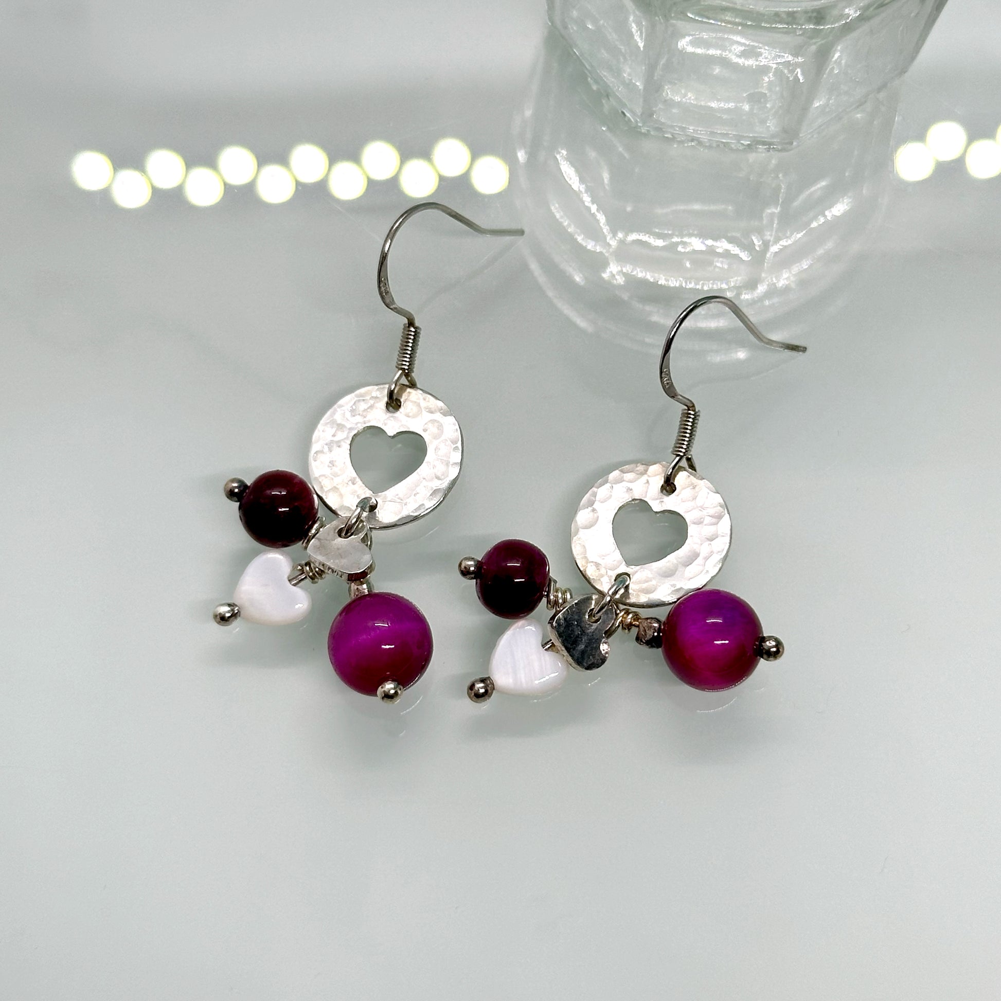 Pink Tiger’s Eye and Mother of Pearl cluster drop earrings in sterling silver with hammered heart detail