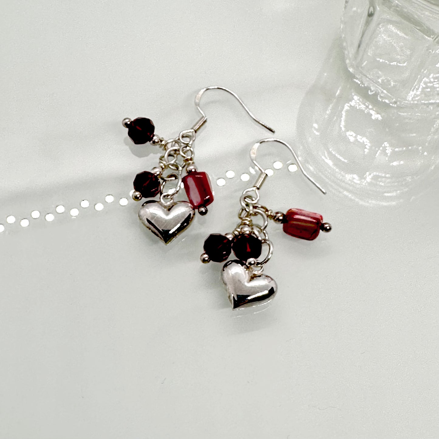 Red Mother of Pearl & Sterling Silver Heart Cluster Drop Earrings