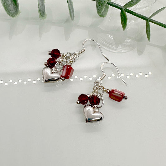 Red Mother of Pearl & Sterling Silver Heart Cluster Drop Earrings