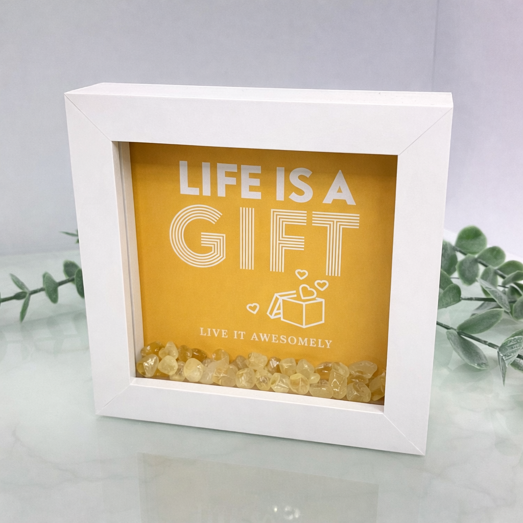 White shadow box frame featuring Life Is a Gift quote with citrine crystal chips – inspirational home decor