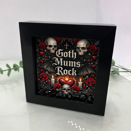 Handmade Mother’s Day shadow box frame with Goth Mums Rock quote and black onyx crystal chips in black frame