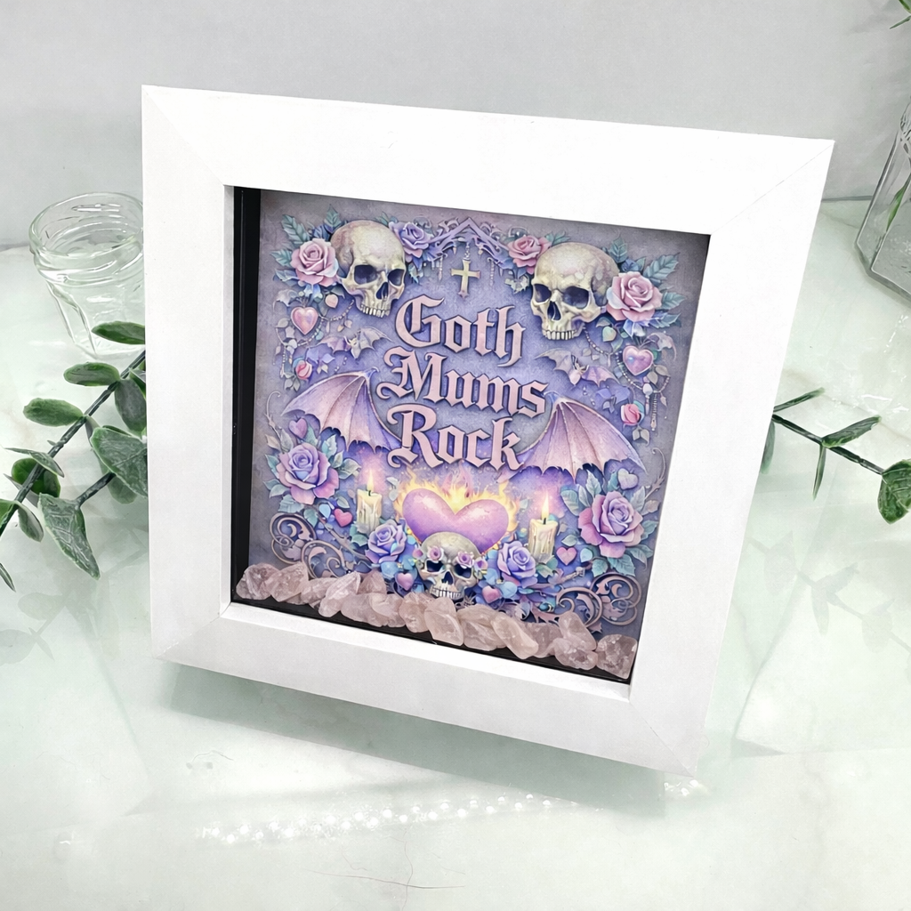 Handmade Mother’s Day or birthday shadow box frame with Goth Mums Rock quote and rose quartz crystal chips in white frame