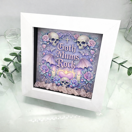 Handmade Mother’s Day or birthday shadow box frame with Goth Mums Rock quote and rose quartz crystal chips in white frame