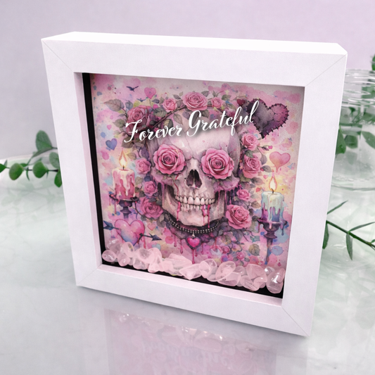 Forever Grateful gothic rose skull shadow box frame with rose quartz crystal chips