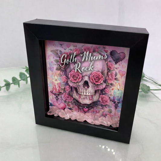 Goth Mums Rock shadow box frame with gothic skull and roses design and rose quartz crystal chips