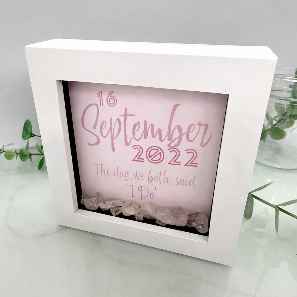 Personalised wedding date pop frame with rose quartz crystals in a white shadow box by Capella Creations UK