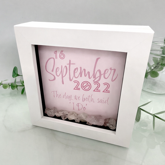 Personalised wedding date pop frame with rose quartz crystals in a white shadow box by Capella Creations UK