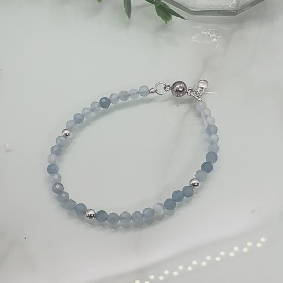 Aquamarine sterling silver bracelet with heart charm and strong magnetic clasp, March birthstone jewellery UK