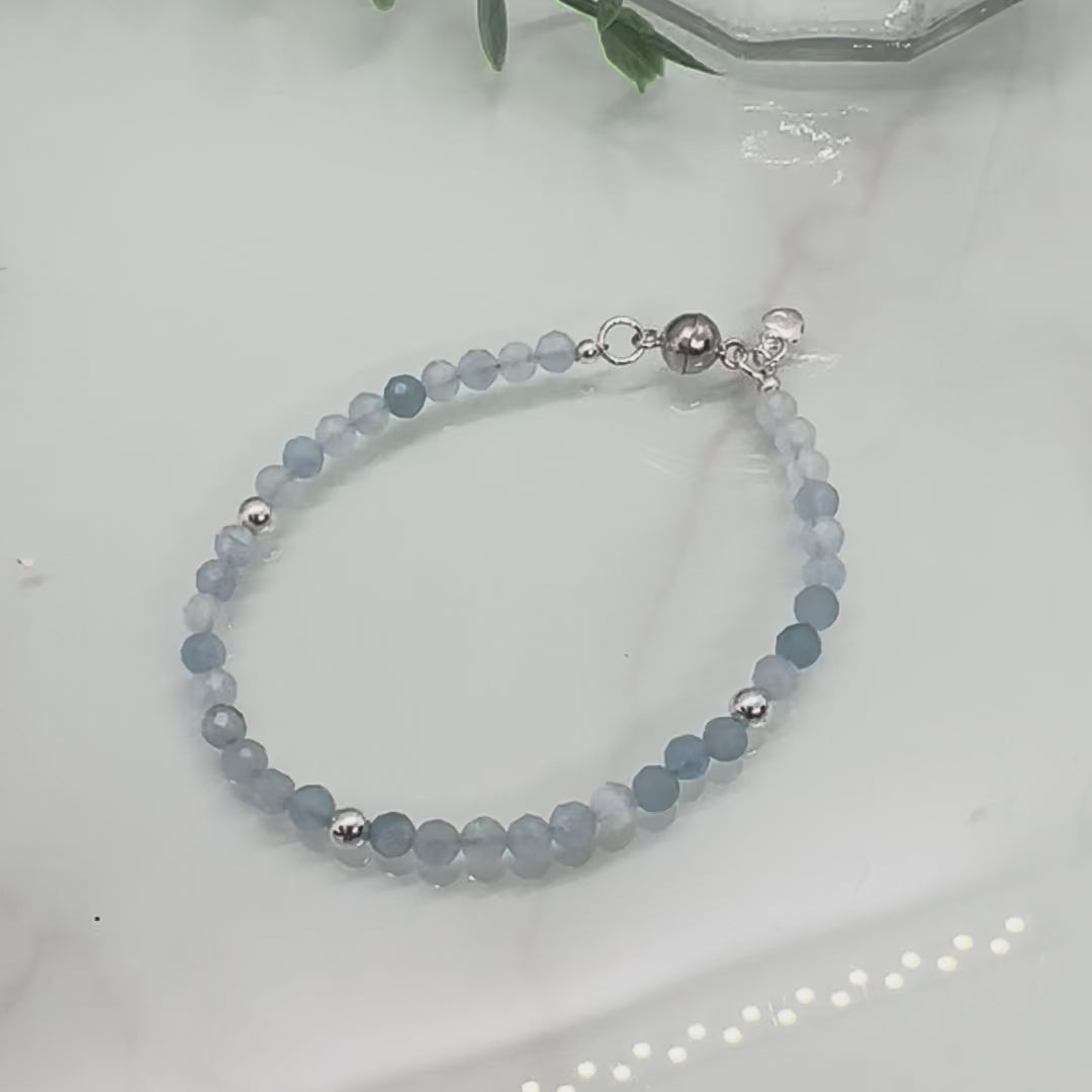 Aquamarine sterling silver bracelet with heart charm and strong magnetic clasp, March birthstone jewellery UK